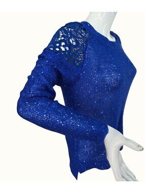 Miss Kelly 1999 Blue Sequin Open Knit Sweater Womens S Crochet Lace Shoulder NEW